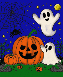 a ghost is standing next to a pumpkin and a spider web