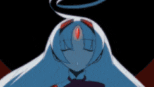 a close up of a cartoon character with long white hair and a red eye