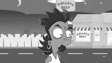 a cartoon character stands in front of a pollote ogly sign
