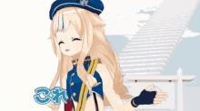 a girl with long blonde hair is wearing a blue hat