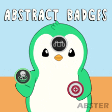 a penguin is holding a badge that says abstract badges on it