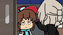 a cartoon of a boy wearing a red hat and a girl wearing a blue scarf