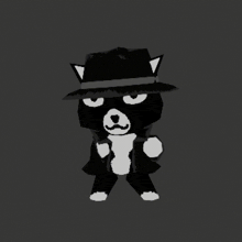 a black and white drawing of a cat wearing a hat and jacket