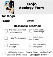a gojo apology form with a picture of satoru gojo on it