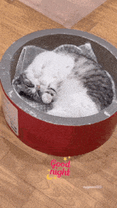 a cat sleeping in a red bowl with the words good night