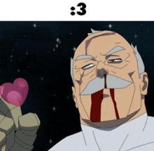a man with blood coming out of his nose holds a pink heart in his hand
