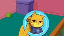a cartoon drawing of a cat wearing a blue shirt