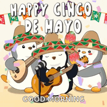 three penguins wearing sombrero 's are playing guitars and singing into a microphone