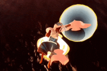 a cartoon character is flying through the air with a circle of light behind her
