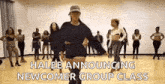 a group of women are dancing in a dance studio while halee announces a newcomer group class .