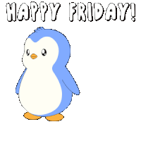 a blue penguin is dancing with the words happy friday written above it