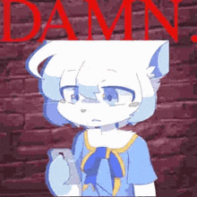a white cartoon character is holding a cell phone in front of a red brick wall .