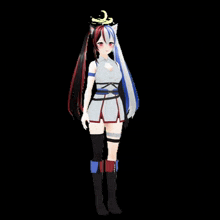 a 3d model of a girl with red and white hair and a crescent moon on her head