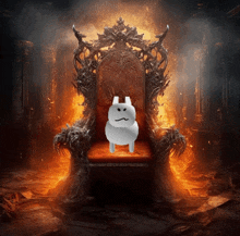 a white rabbit is sitting on a throne in front of a fire