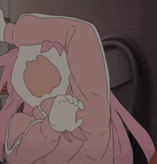 a cartoon drawing of a person with pink hair and a white shirt