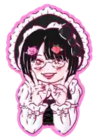 a drawing of a girl wearing glasses and a pig on her head