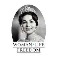 a black and white photo of a woman wearing a tiara and necklace with the words woman life freedom below her