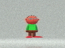 a cartoon character with glasses and a green shirt is standing on a gray background .