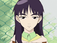 a drawing of a girl with purple hair and a green chain link fence in the background