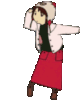 a pixel art of a girl dancing in a red skirt and hat .