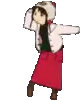 a pixel art of a girl dancing in a red skirt and hat .