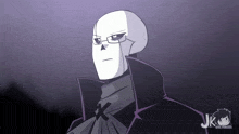 a cartoon drawing of a skeleton with glasses and a purple background