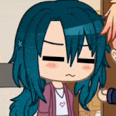a close up of a cartoon character with blue hair and a heart necklace