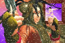 a cartoon of a woman holding a sword in front of a mirror