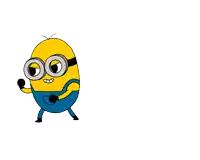 a cartoon minion wearing overalls and glasses is running
