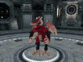 a red monster with wings is standing in a circle in a room .
