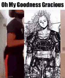 a man is standing next to a drawing of a woman with the caption oh my goodness gracious .