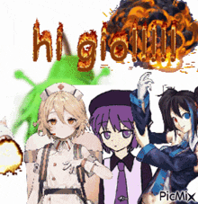 a group of anime characters are standing next to each other with the word higlow written in red