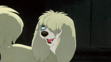 a cartoon dog with blonde hair and blue eyes is looking at another dog with its tongue out .