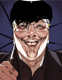 a cartoon drawing of a man with glasses and a tattoo of a star