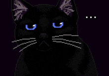 a pixel art drawing of a black cat with blue eyes .
