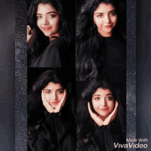 a collage of four pictures of a young woman with her hands on her face .