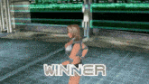 a woman in a video game is standing in front of the word winner