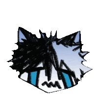 a black and white drawing of a cat 's face with a blue stripe