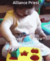 a baby is playing with a toy with the words alliance priest prayer shield nova renew flash
