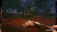 a painting of a campfire is being painted by a person