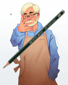 a man in an apron is holding a pencil that says faber castell on it