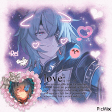 a picture of a blue haired anime character with the word love in the corner