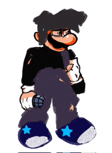 a cartoon character holding a microphone and wearing slippers with blue stars