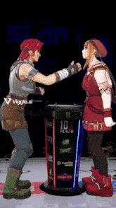 two anime characters standing in front of a 10x health advertisement