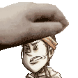 a hand is holding a person 's head in a pixel art style .