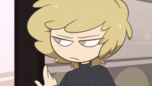 a cartoon character with blonde hair and a black shirt giving the middle finger