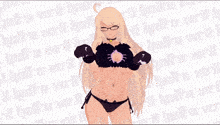 a girl in a bikini stands in front of a wall that says hall-a-var-ll