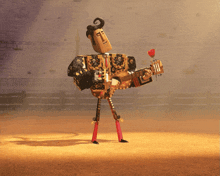 a cartoon character holding a guitar and a rose