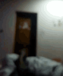 a blurry photo of a bedroom with a door and a bed