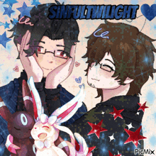 a sinful twilight poster with two boys and a rabbit